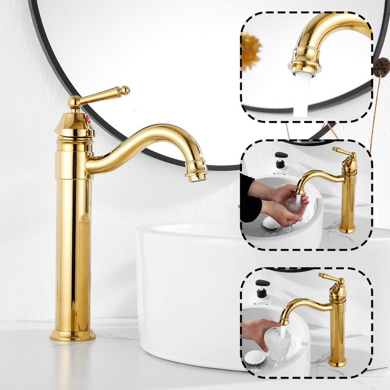 GGStudy Tall Body Single Handle One Hole Bathroom Vessel Sink Faucets Gold Finish with Pop Up Drian Without Overflow - Image 3